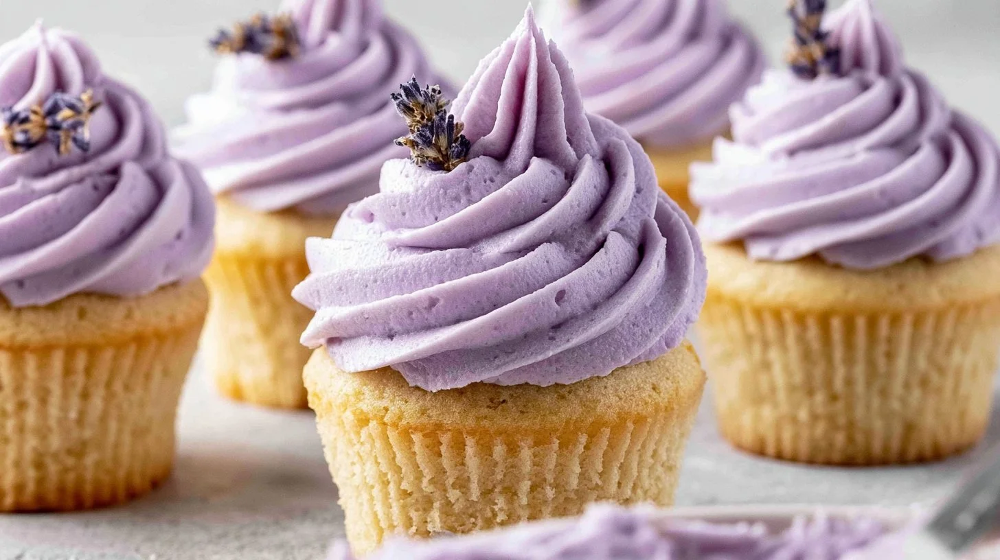 Vegan lavender buttercream spread on a beautifully decorated cake