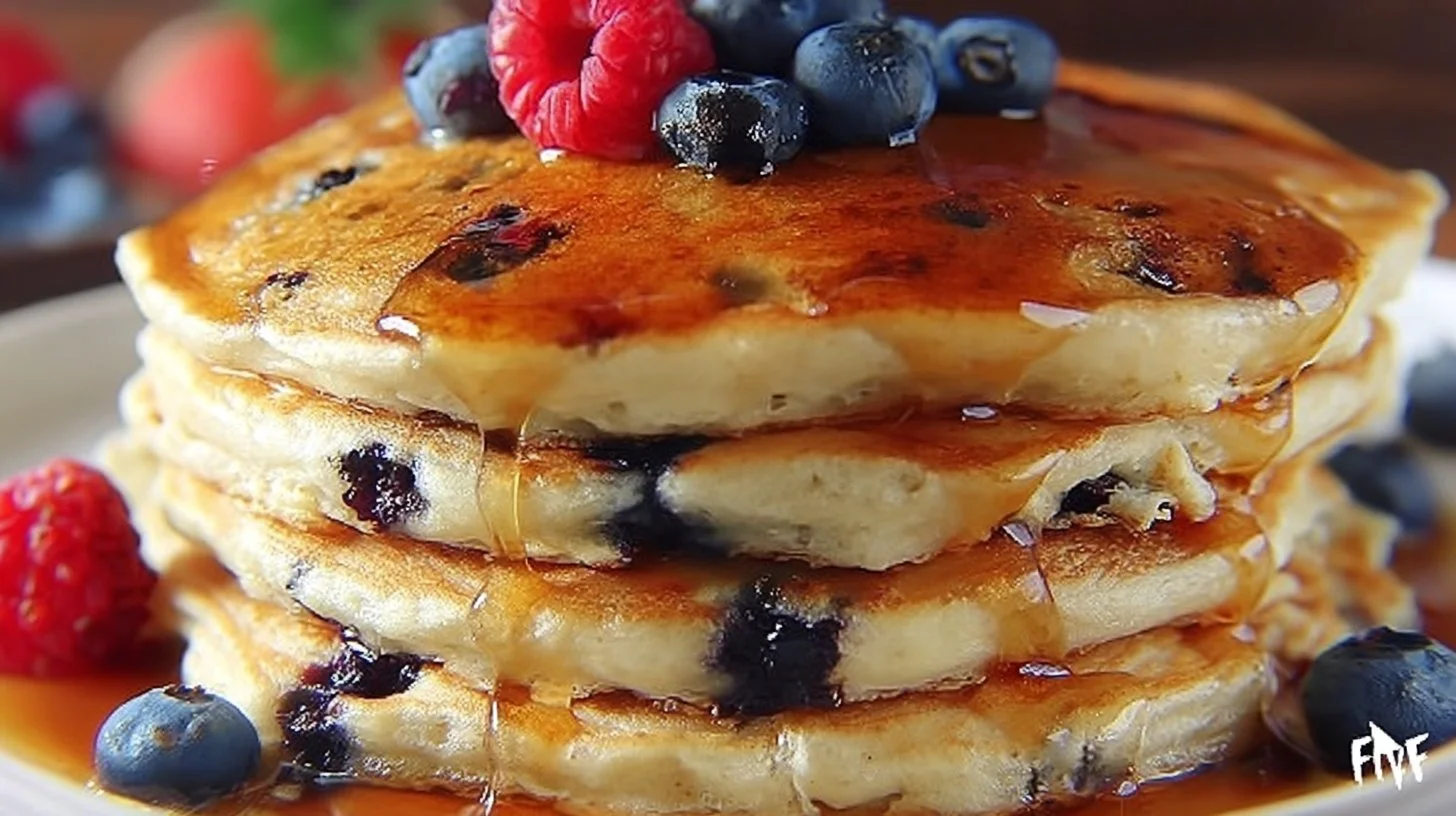 Stack of fluffy vegan pancakes topped with fresh berries and maple syrup