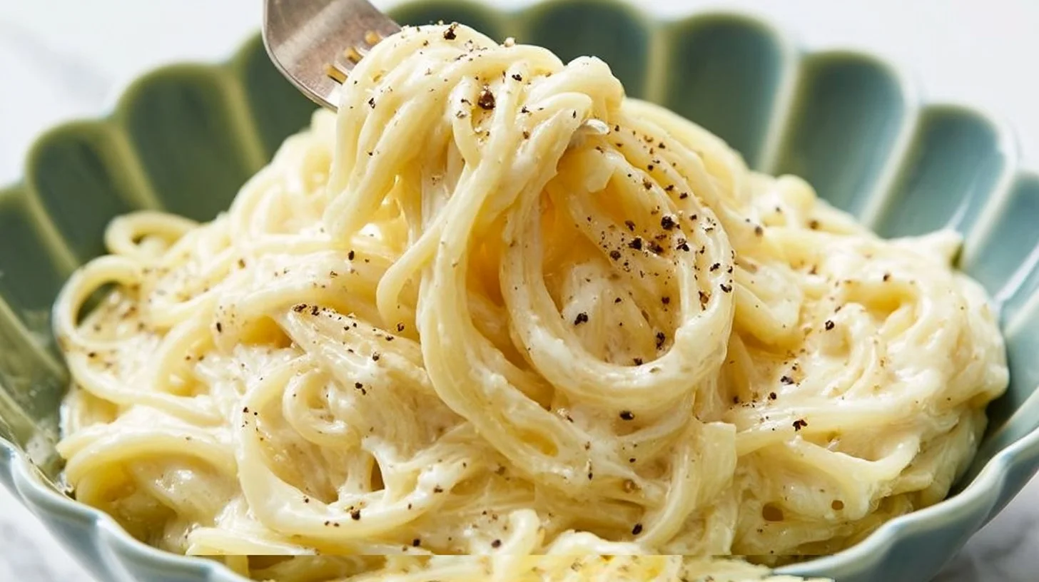 Cream cheese pasta dish garnished with fresh herbs