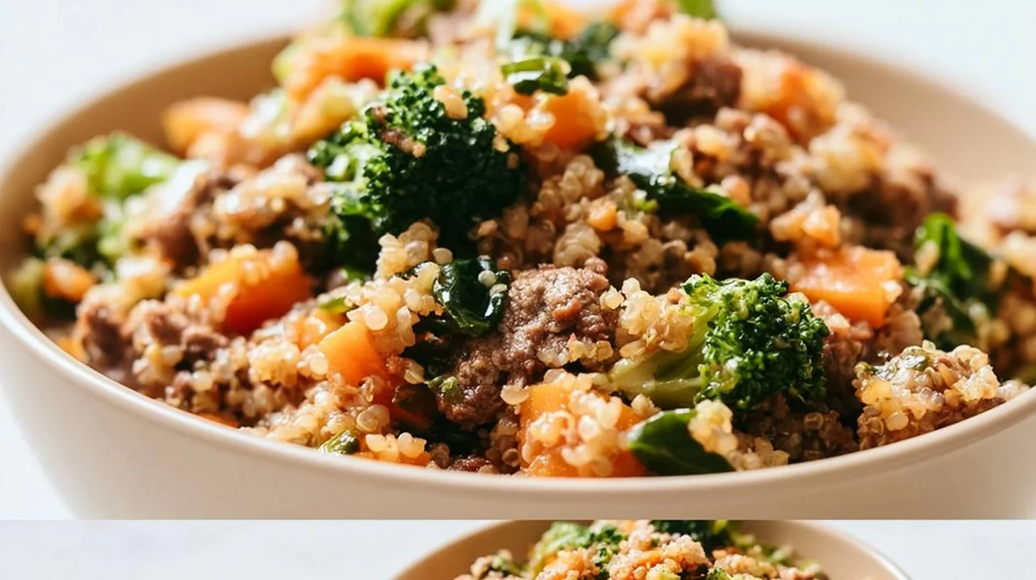 Quick 15-minute quinoa and ground beef meal prepared with vegetables.