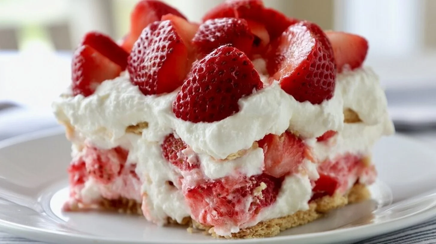 3 Ingredient Strawberry Icebox Cake with fresh strawberries and whipped cream