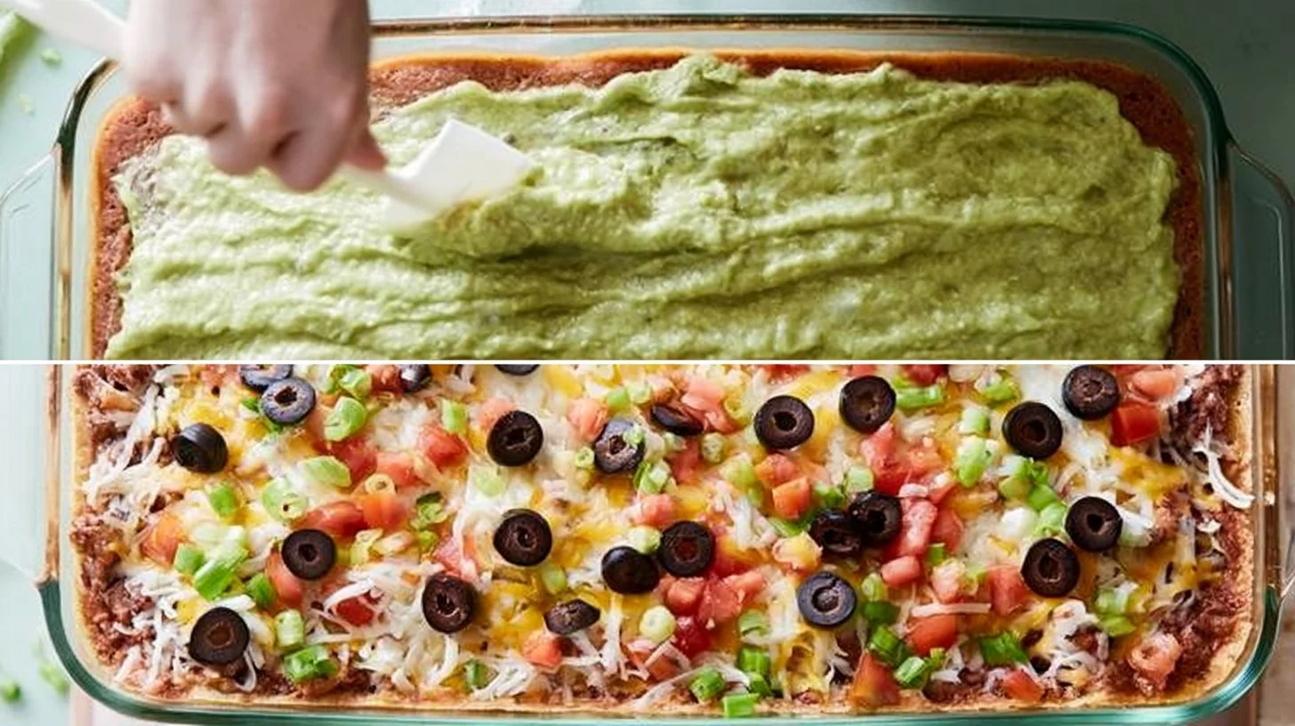 7-Layer Bean Dip 2 Delicious 7-layer bean dip served in a colorful dish with toppings