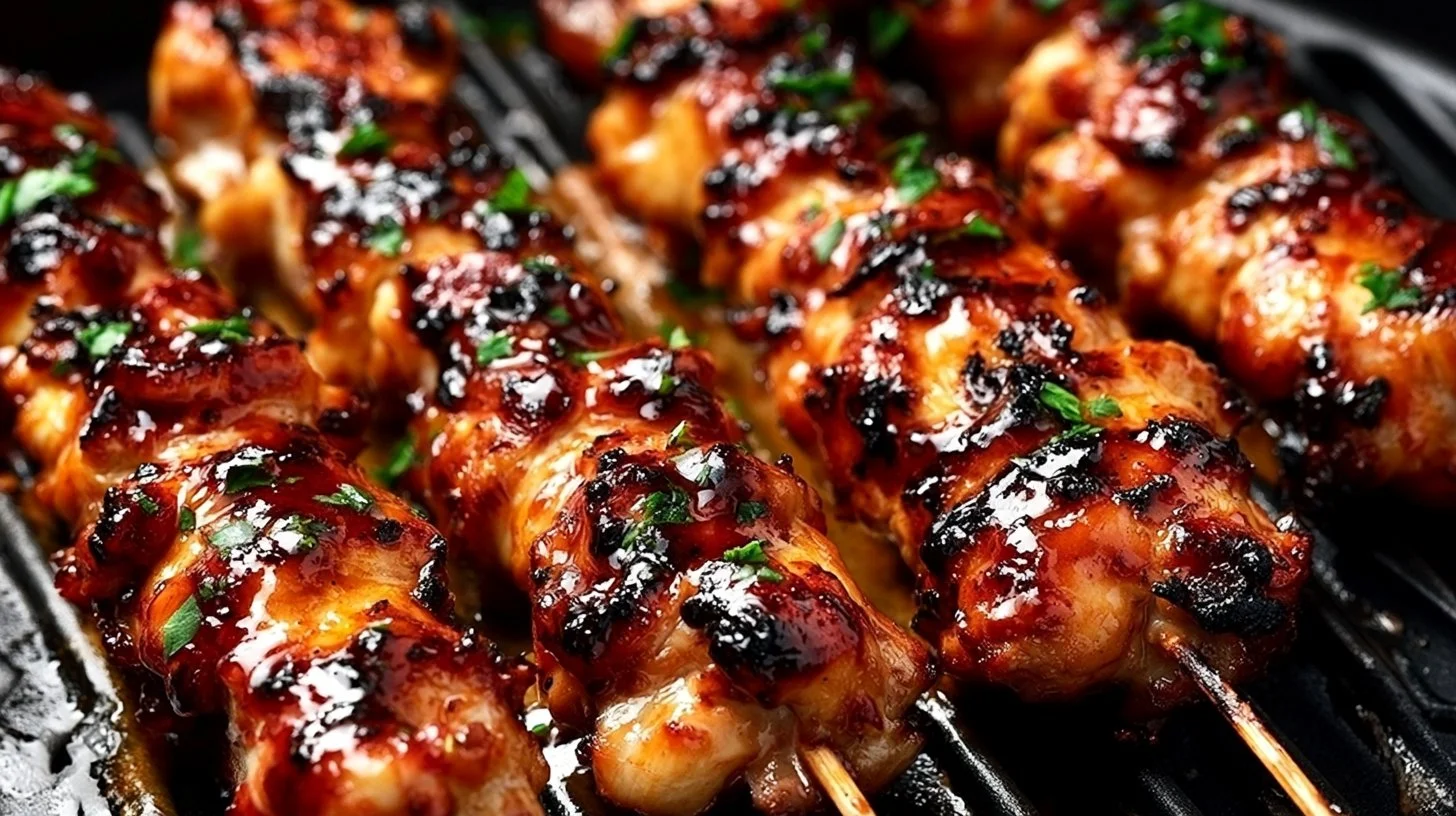 Air Fryer Bang Bang Chicken Skewers on a plate garnished with herbs.