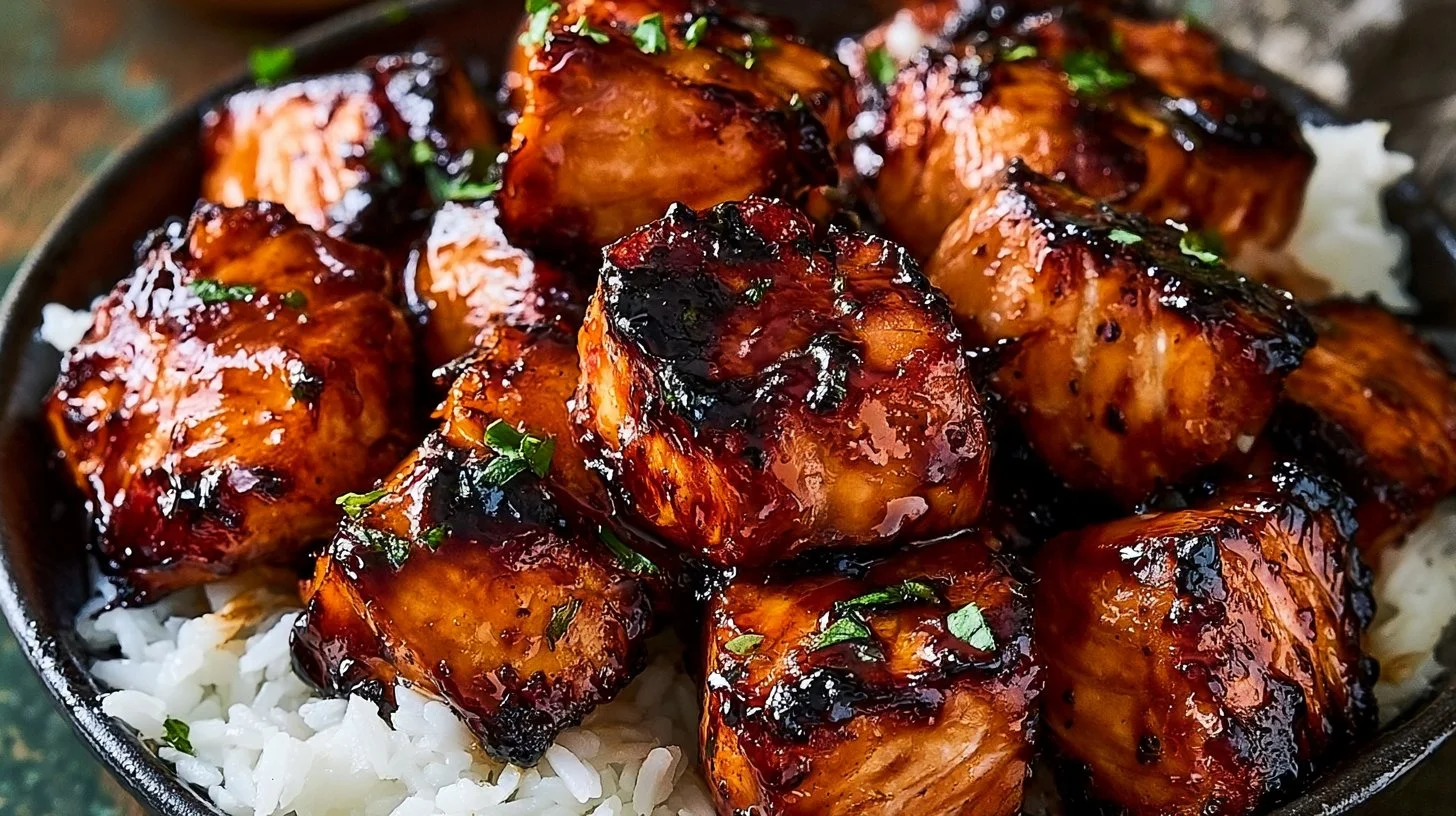 Air Fryer Bang Bang Salmon Bites on a plate garnished with green onions