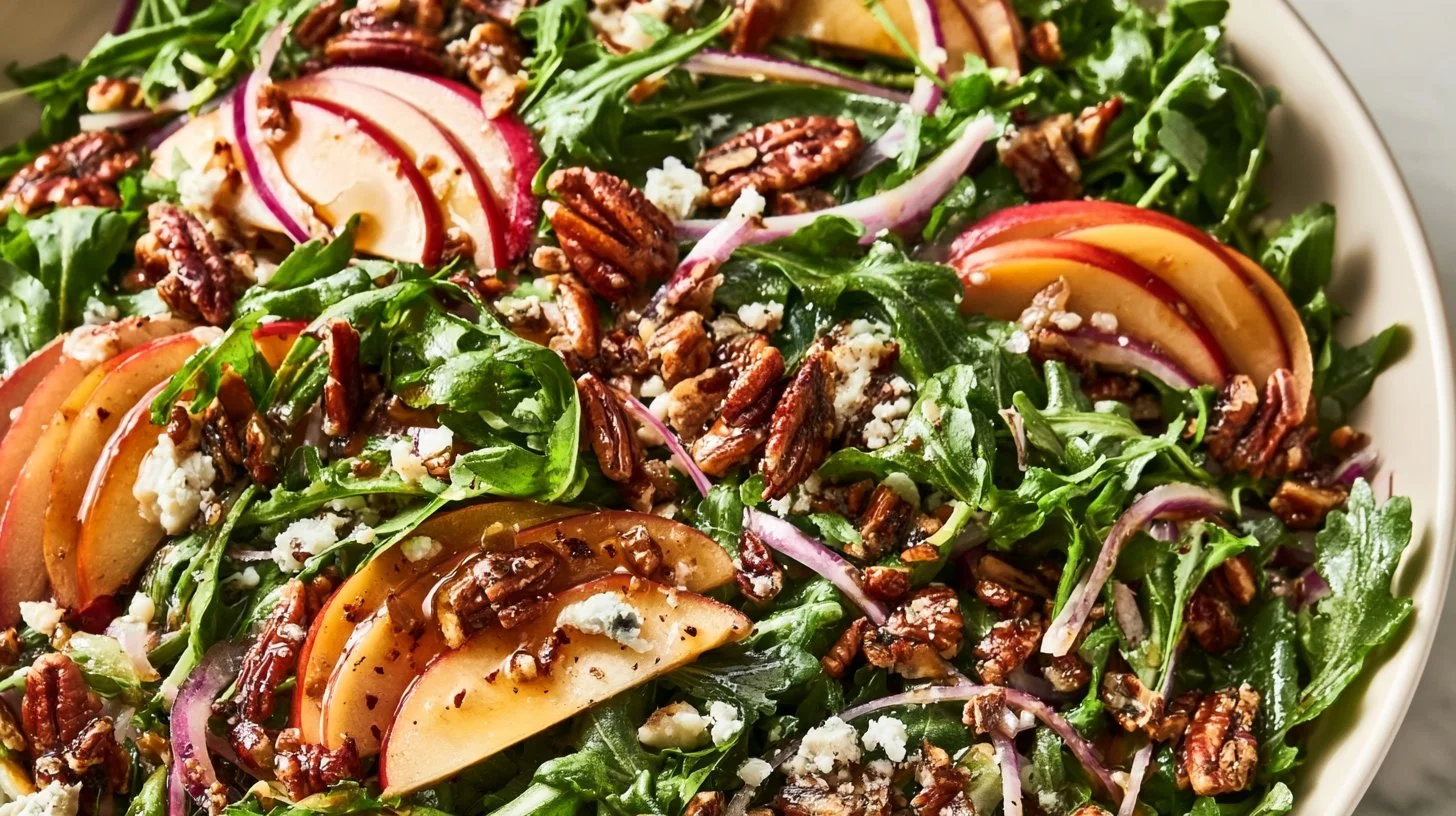 Apple Arugula Salad topped with Maple Pecans in a vibrant bowl