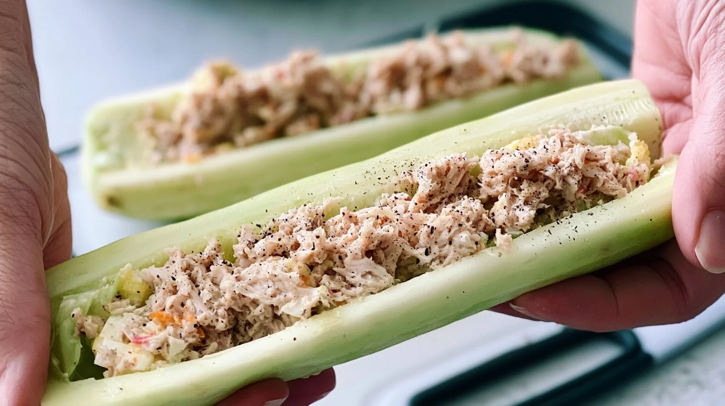 Bacon Ranch Chicken Salad Cucumber Boats 2 Bacon Ranch Chicken Salad served in fresh cucumber boats