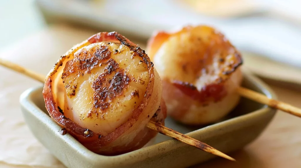 Delicious bacon wrapped scallops served on a plate, perfect for appetizers.