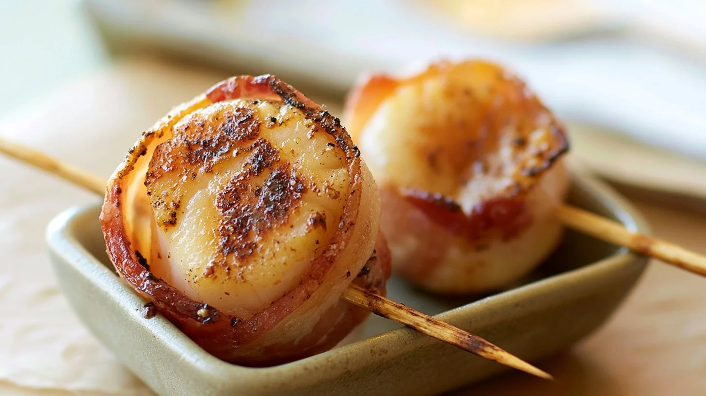 Delicious bacon wrapped scallops served on a plate, perfect for appetizers.