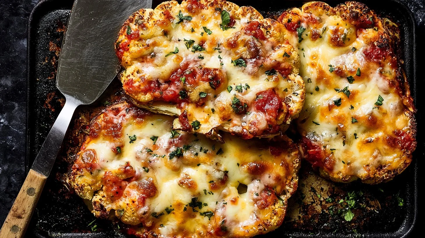 Baked Cauliflower Parmesan topped with cheese and herbs on a plate