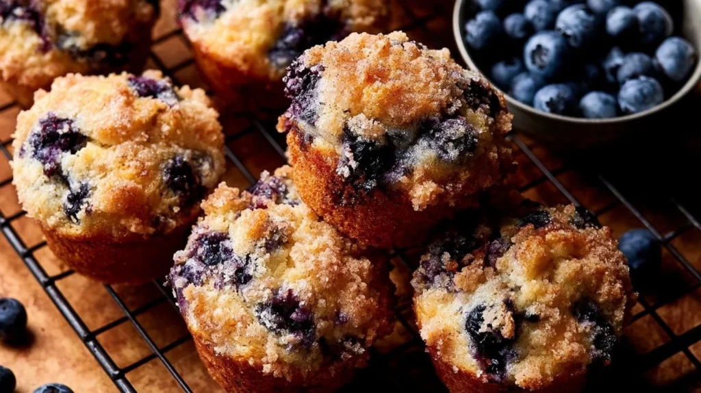 Bakery style blueberry muffins fresh out of the oven with plump berries