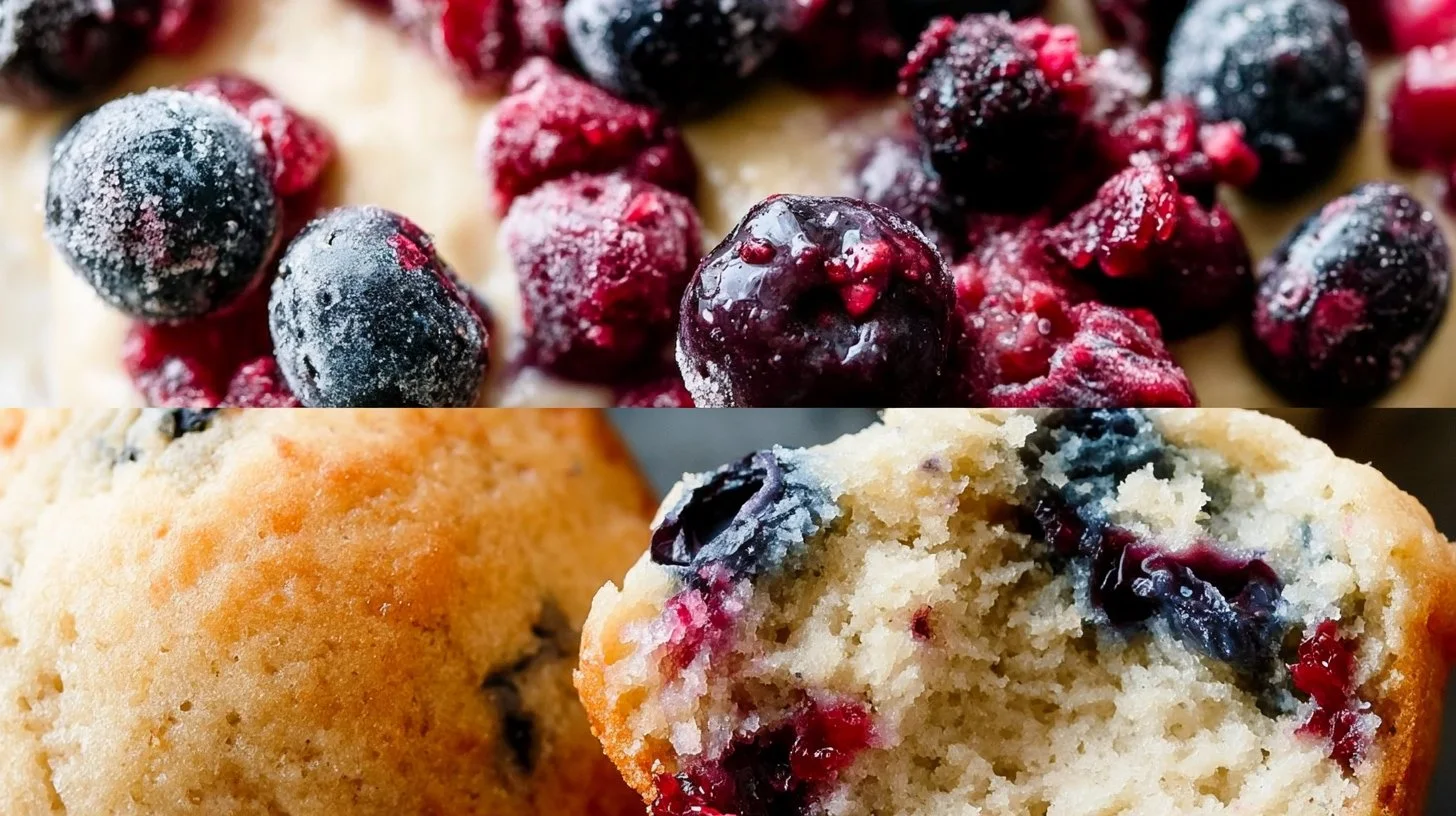 Bakery style mixed berry muffins fresh out of the oven, topped with berries.