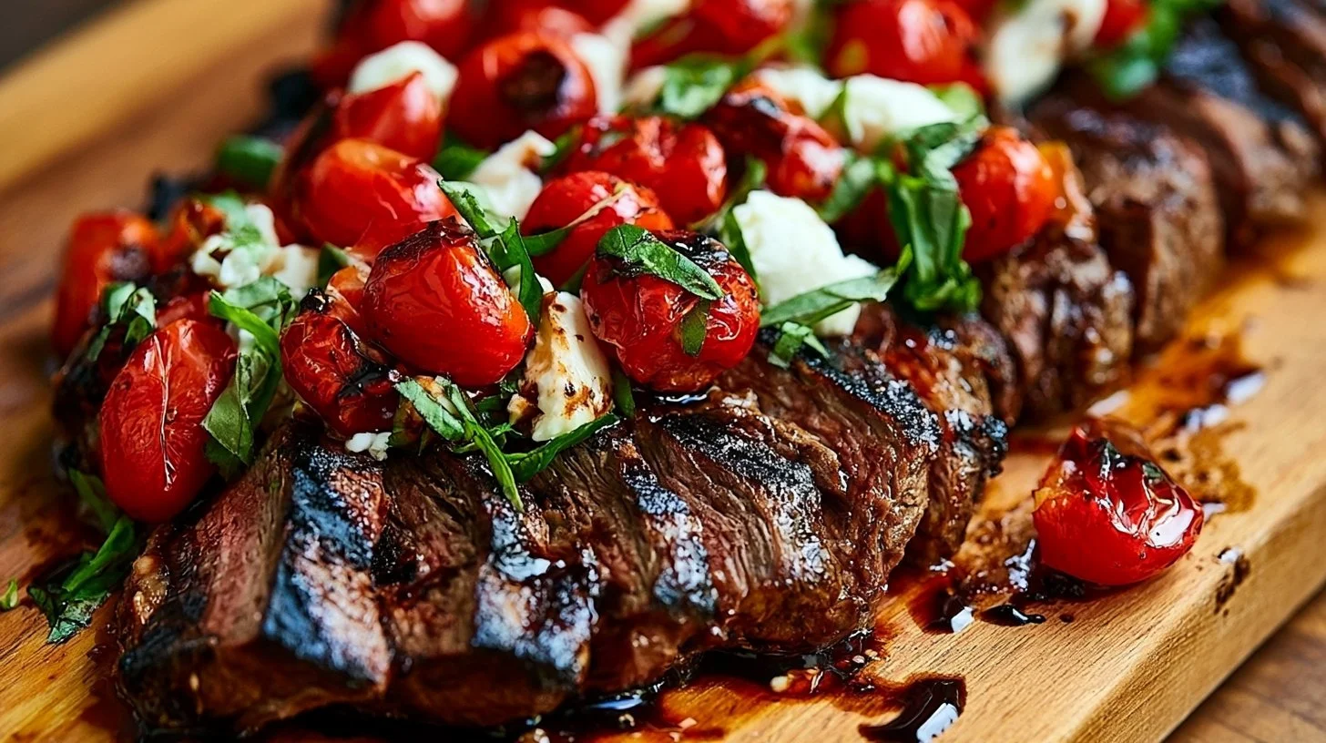 Balsamic Grilled Flank Steak Caprese 1 Balsamic grilled flank steak caprese with fresh tomatoes, mozzarella, and basil