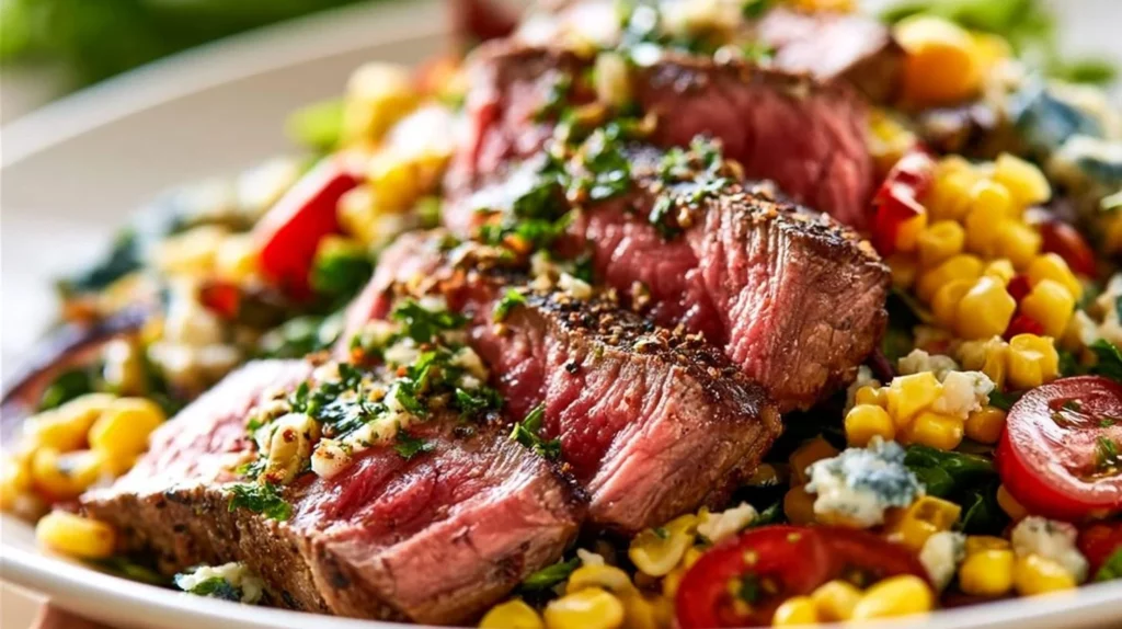 Balsamic Steak Gorgonzola Salad topped with grilled corn in a bowl