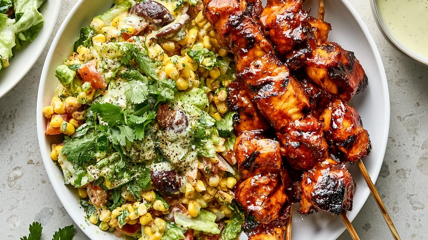 Grilled BBQ chicken skewers served on a fresh salad with greens and vegetables.