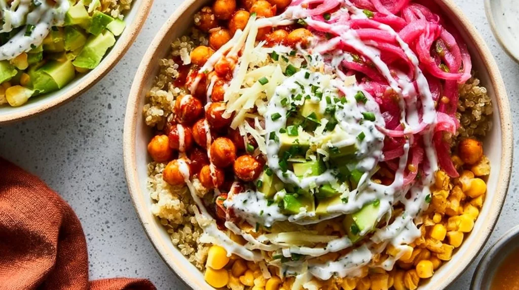 BBQ Ranch Chickpea Quinoa Bowl with fresh ingredients and vibrant colors