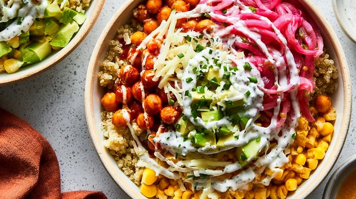 BBQ Ranch Chickpea Quinoa Bowl with fresh ingredients and vibrant colors