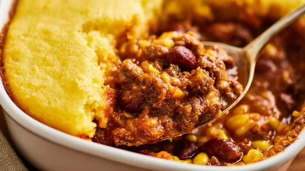 Delicious Beef and Cornbread Casserole served in a baking dish
