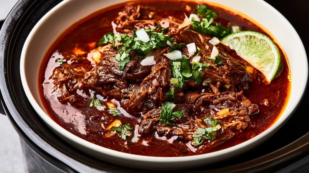 Crockpot Beef Birria with tender meat and savory broth