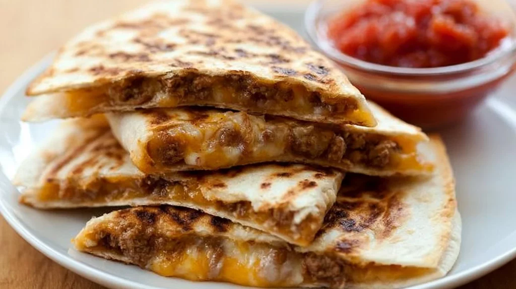 Delicious homemade beef quesadillas on a plate with toppings