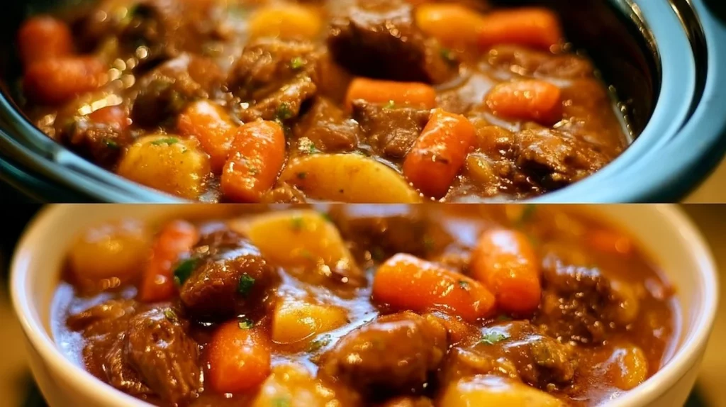 Hearty beef stew filled with tender meat and vegetables in a savory broth.