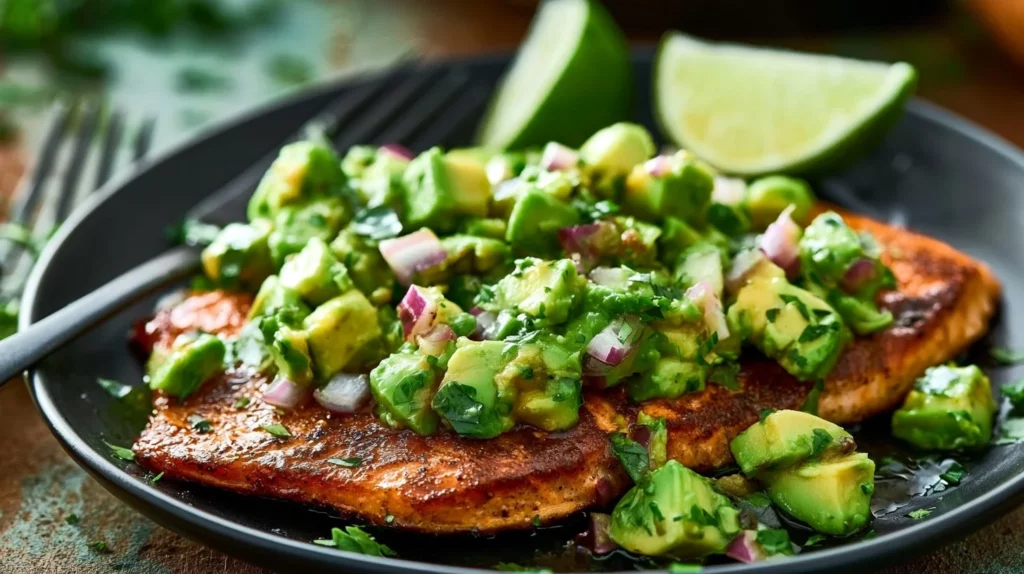 Blackened salmon fillet served with vibrant avocado salsa on a plate