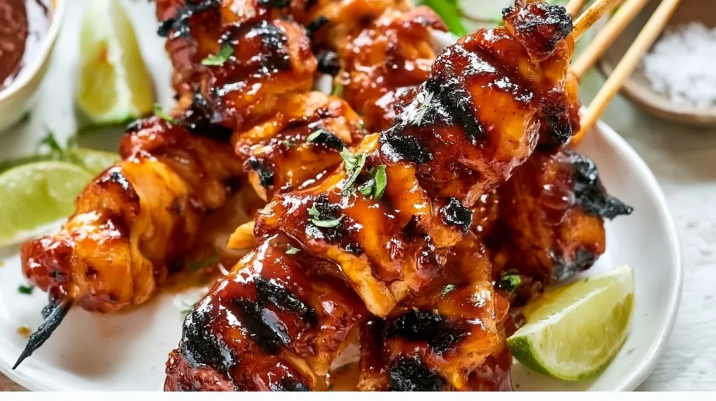 Bourbon Maple BBQ Chicken Skewers grilled to perfection on skewers.