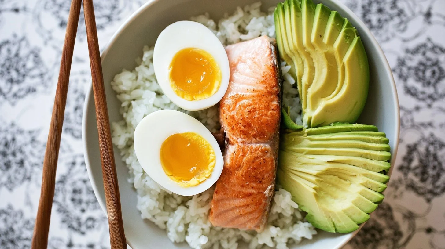 Bowl of Avocado Rice with Vegetables and Chopsticks 2 Bowl of avocado rice topped with vegetables and chopsticks ready to eat