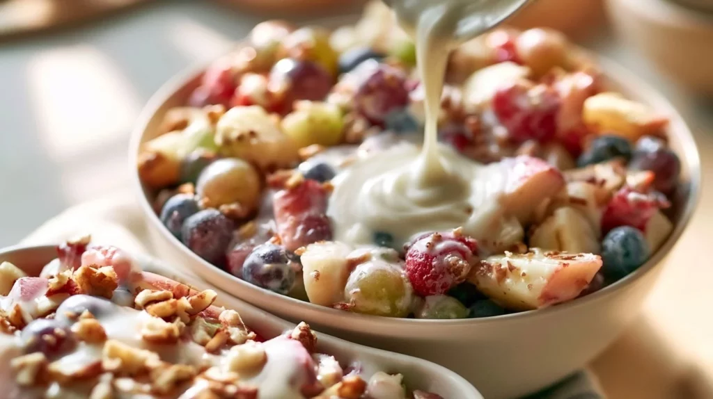 Colorful breakfast fruit salad with a variety of fresh fruits served in a bowl
