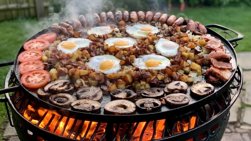 Delicious Breakfast Skillet Platter filled with eggs, veggies, and toppings