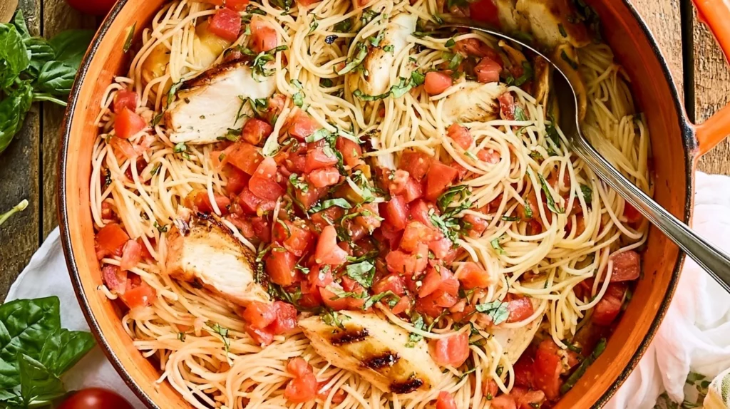 Delicious Bruschetta Chicken Pasta with fresh ingredients and herbs on a plate