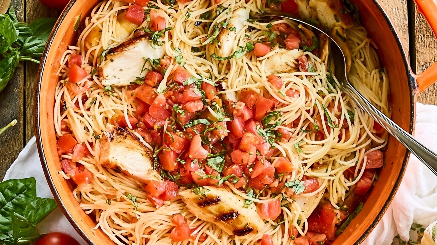 Bruschetta Chicken Pasta 2 Delicious Bruschetta Chicken Pasta with fresh ingredients and herbs on a plate