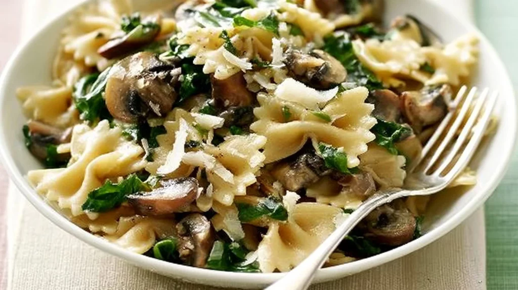 Delicious butterfly pasta served with mushrooms and spinach in a creamy sauce