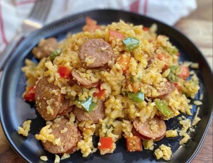 Cajun sausage cauliflower rice dish, keto and low carb recipe