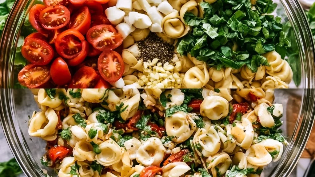 Caprese Tortellini Salad with fresh tomatoes, mozzarella, and basil.