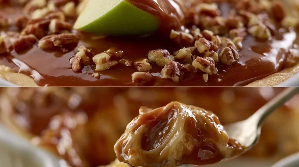 Delicious caramel apple cheesecake dip served in a bowl with apple slices.