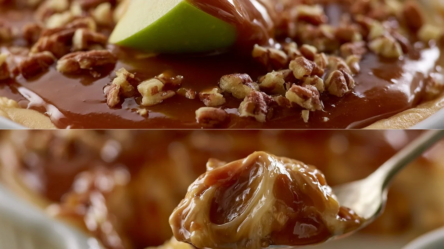 Caramel Apple Cheesecake Dip 2 Delicious caramel apple cheesecake dip served in a bowl with apple slices.