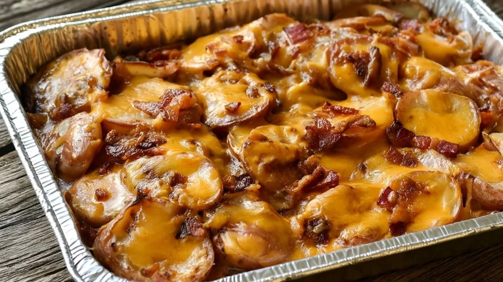 Delicious Cheddar Bacon BBQ Grilled Potatoes served on a platter