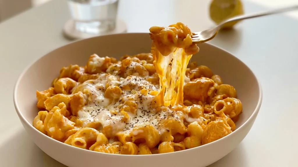 Delicious cheesy chicken pasta in a creamy sauce served on a plate