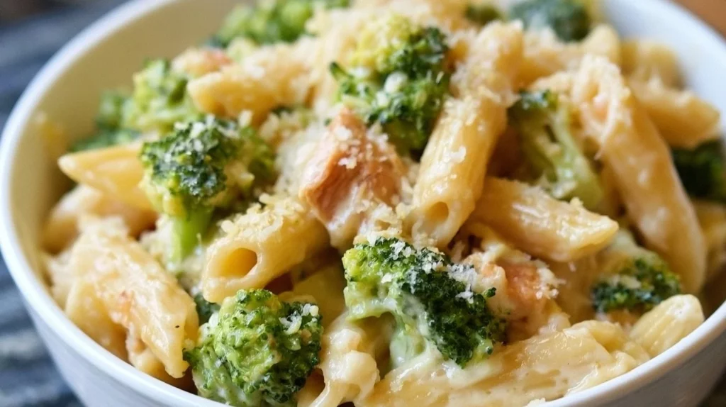 Creamy Chicken Broccoli Alfredo with penne pasta served in a bowl