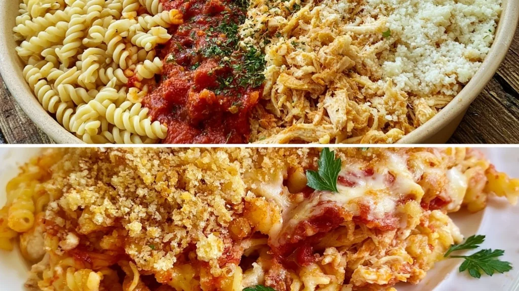 Delicious Chicken Parmesan Casserole with Pasta topped with cheese and herbs