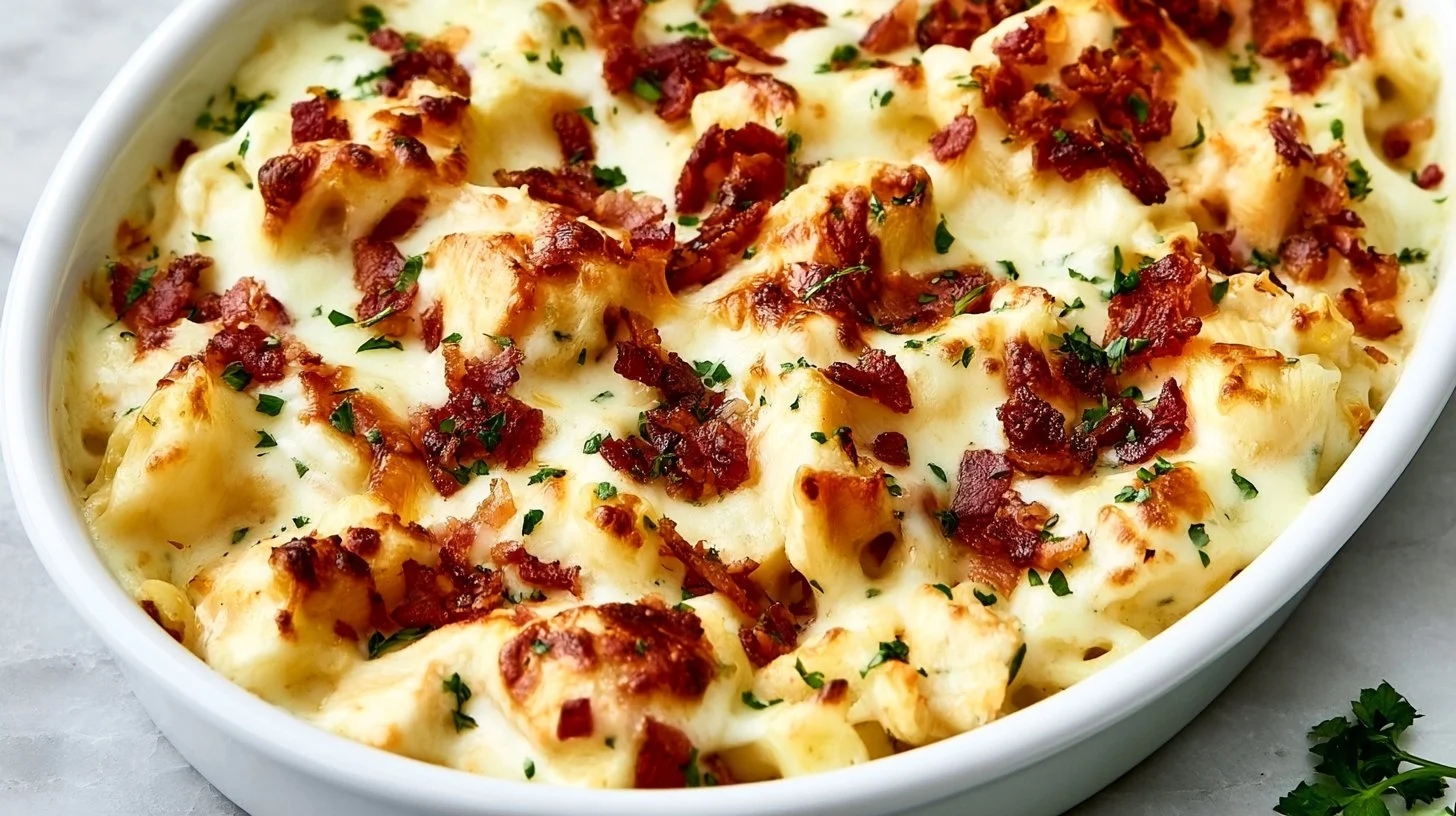 Creamy Chicken Ranch Pasta Bake with cheese and herbs served in a dish