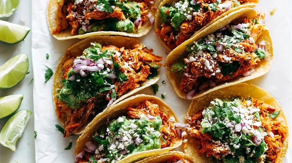Delicious Chicken Tinga Tacos served with fresh toppings and vibrant salsa.