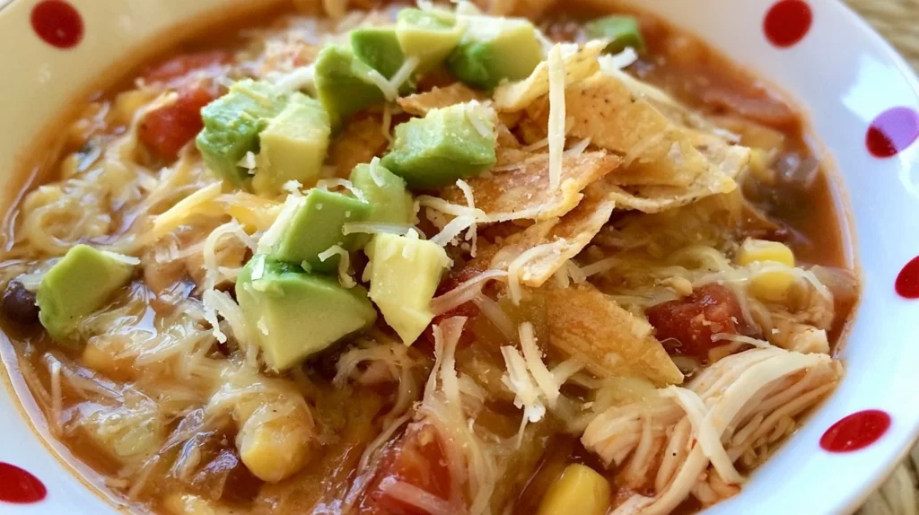 A warm bowl of Chicken Tortilla Soup garnished with tortilla strips and cilantro