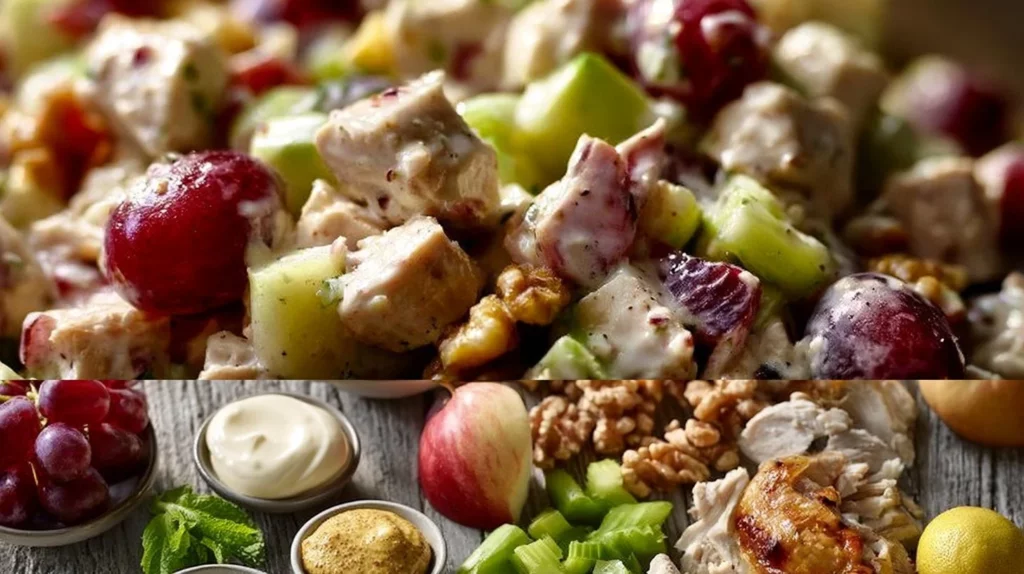 Bowl of Chicken Waldorf Salad with apples, walnuts, and grapes.