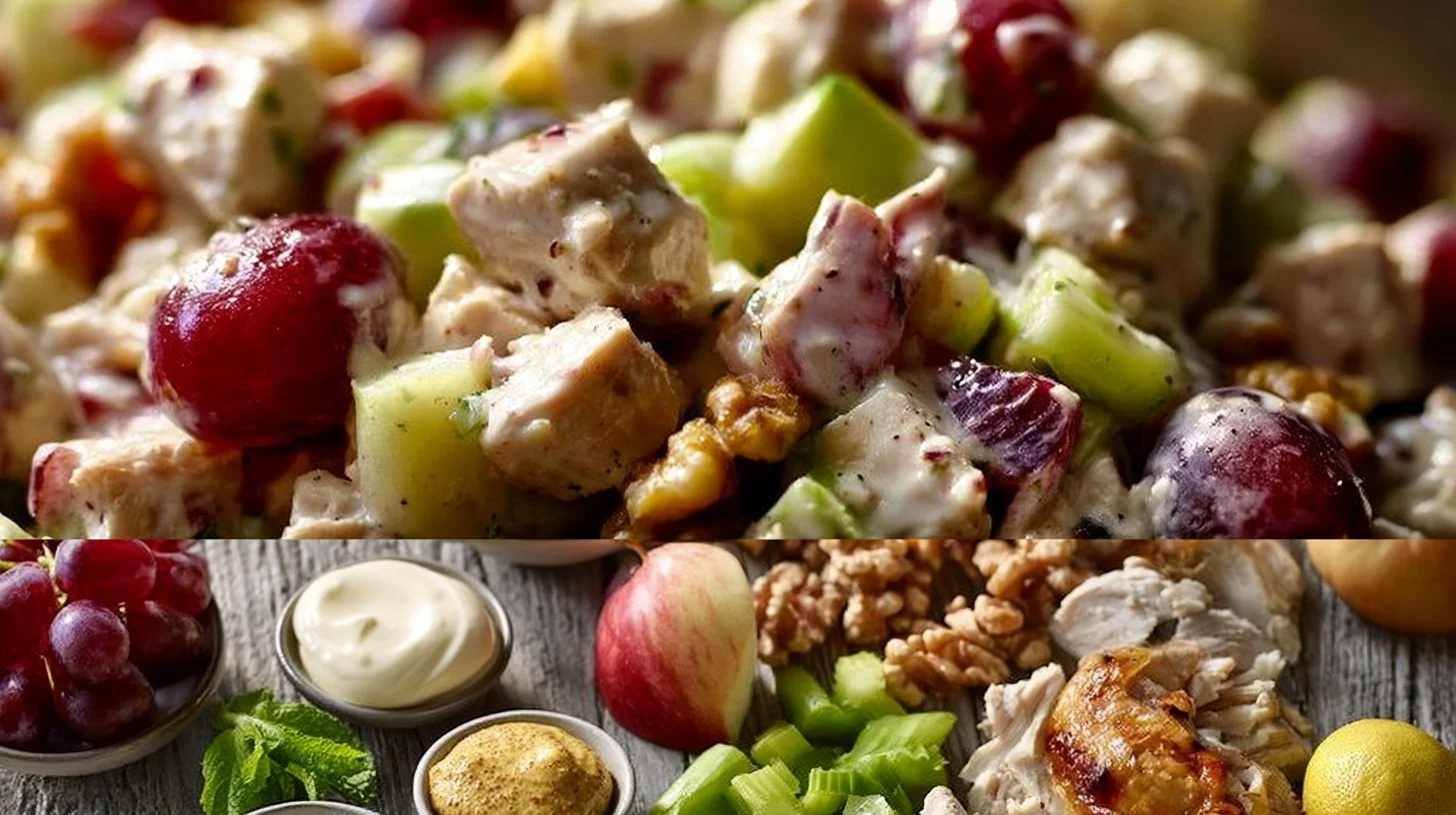 Chicken Waldorf Salad 2 Bowl of Chicken Waldorf Salad with apples, walnuts, and grapes.