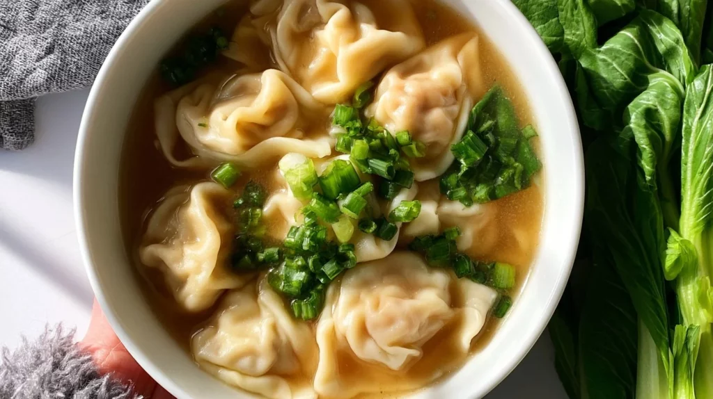 Delicious Chicken Wonton Soup served in a bowl with fresh herbs