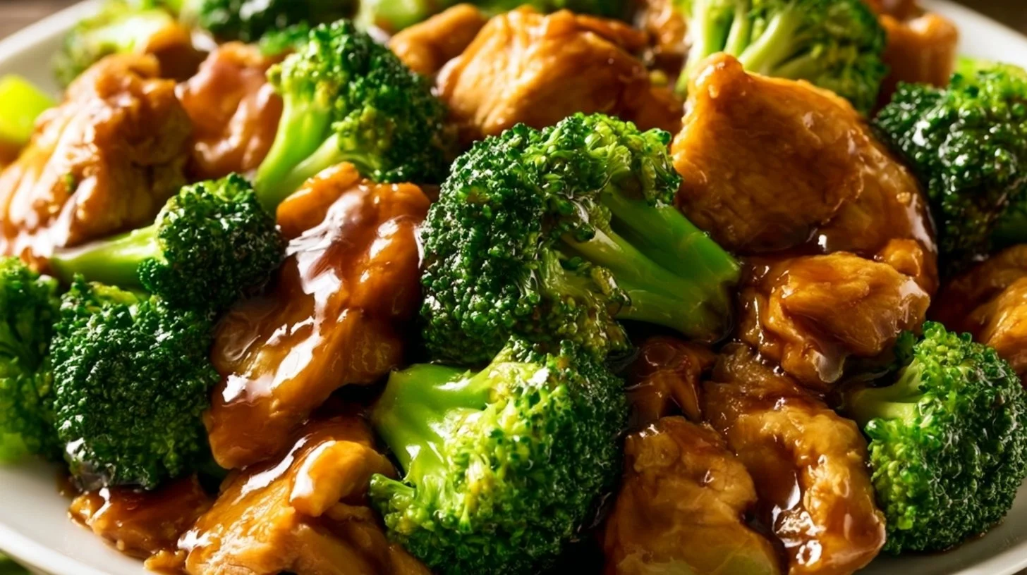 Delicious Chinese chicken and broccoli stir-fry served on a plate.