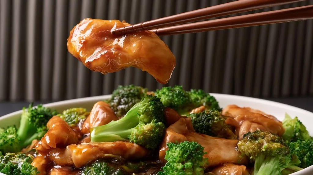 Chinese chicken and broccoli stir fry served in a bowl