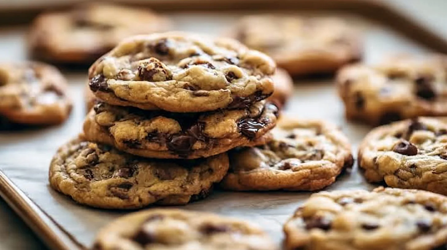 Chocolate Chip Cookies 2 Freshly baked chocolate chip cookies with gooey chocolate chips on a cooling rack.