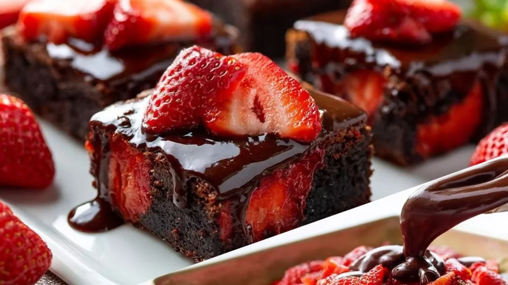 Delicious chocolate covered strawberry brownies with fresh strawberries